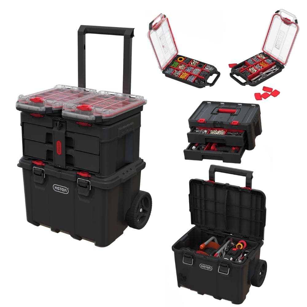 Stack N’ Roll 4-Piece Rolling Tool Storage System – Includes Large Rolling Tool Box, 2-Drawer Tool Box & 2 Tray Organizers | Modular Stackable Tool Storage with Wheels for Garage & Workshop 4PC System