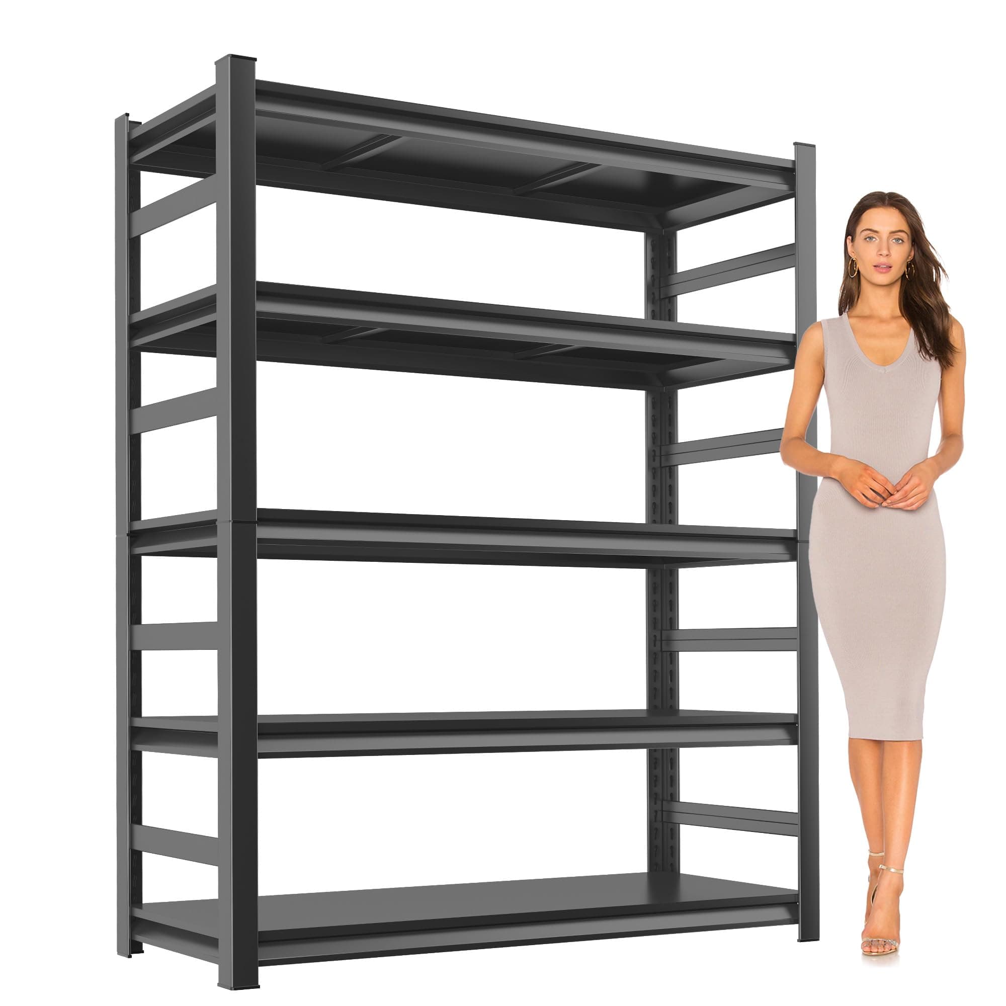 Metal Garage Shelving Unit, Heavy Duty 5-Tier Adjustable Storage shelves, Steel Shelving, 3000 lbs Capacity, Industrial Shelves for Heavy Tools and Equipment, Ideal for Garage, Basement, Black, 72" With Fences 72"Hx36"Wx16"D
