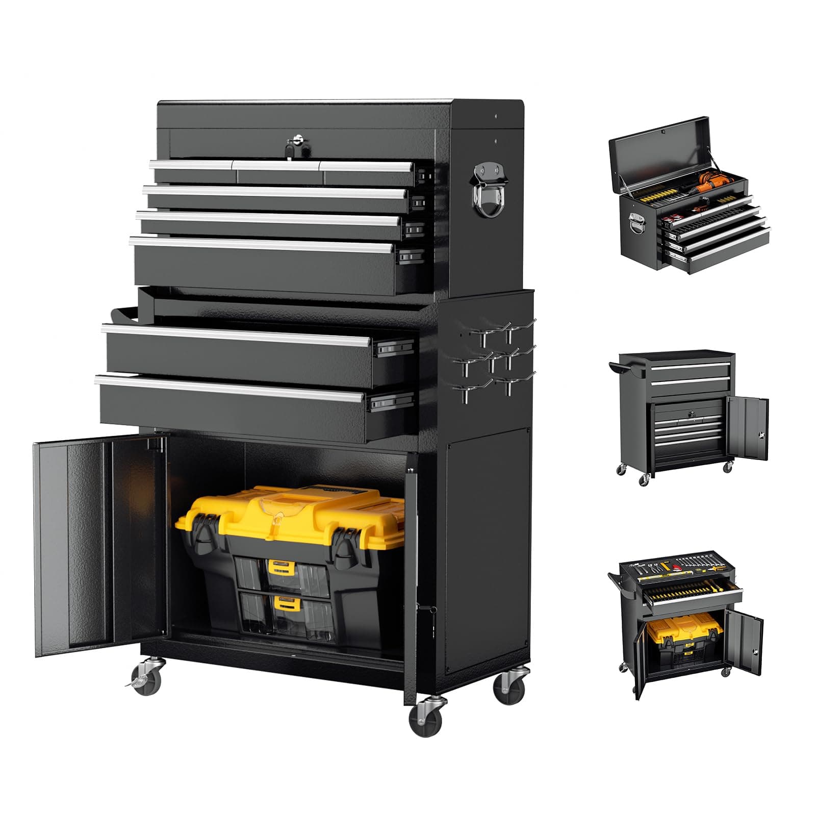 Omelaza 8-Drawer Rolling Tool Chest with Lock, Detachable Tool Cabinet Cart with Wheels, High-Capacity Mechanic Tool Organizer for Garage Workshop Warehouse Storage Black