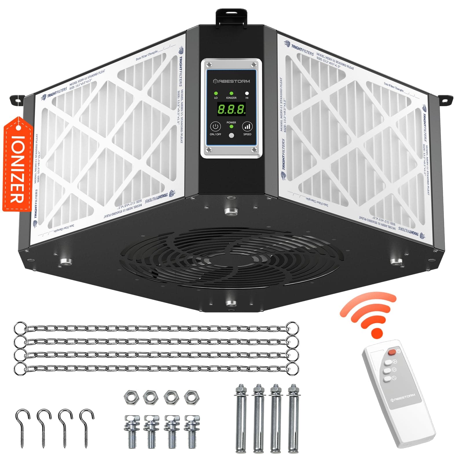 ABESTORM Air Filtration System Woodworking Built-in Ionizer, 1350CFM Hanging Air Filter with Strong Vortex Fan, 360 Degree Intake, Shop Dust Collector for Woodworking, Garage WorkShop, DecDust 1350IG