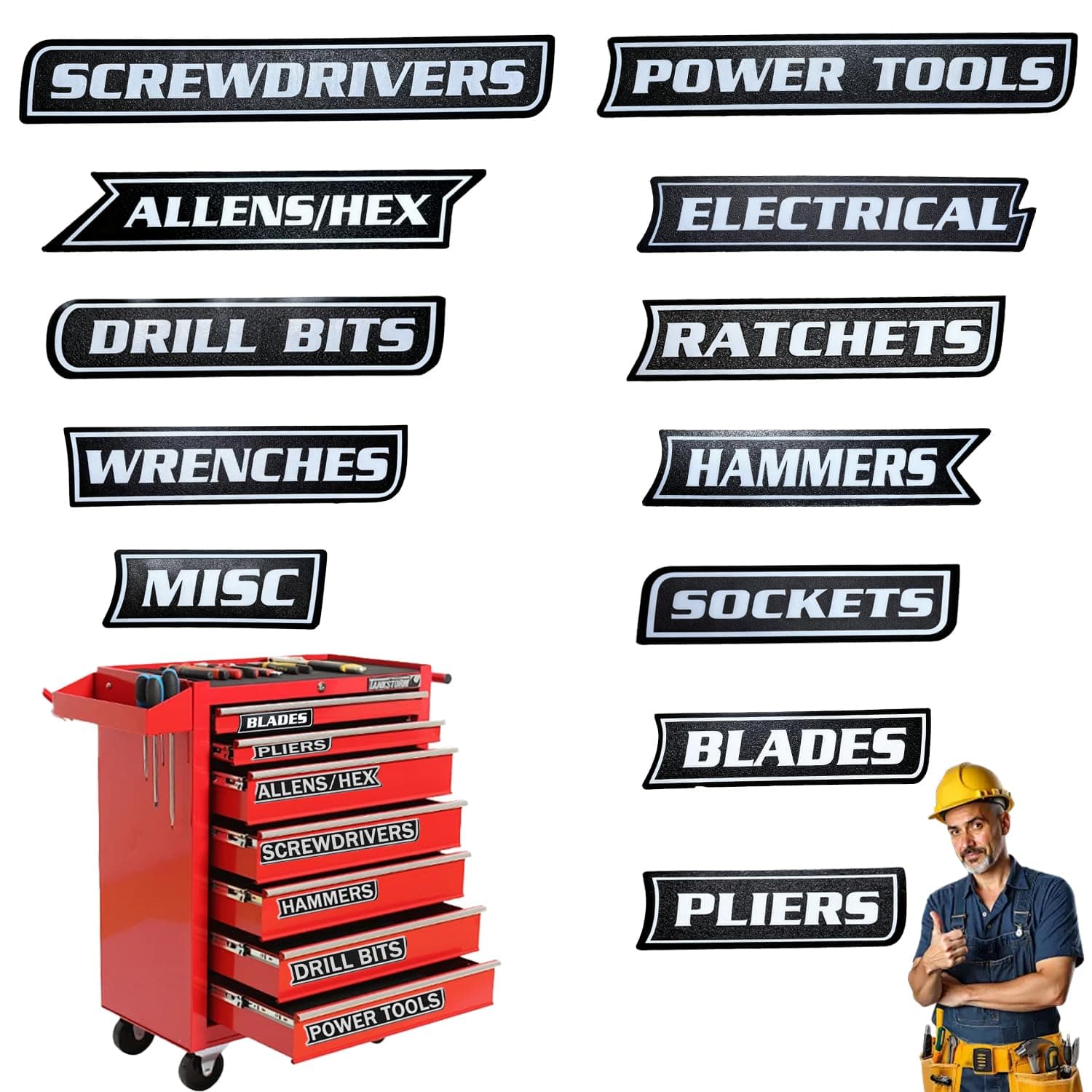 12 Pack of Magnetic Tool Box Labels,3D-Printed Toolbox Labels,Reusable Tags, General Tool Box Organize Accessories for Steel Toolboxes, Carts, Drawers, and Cabinets (Black)