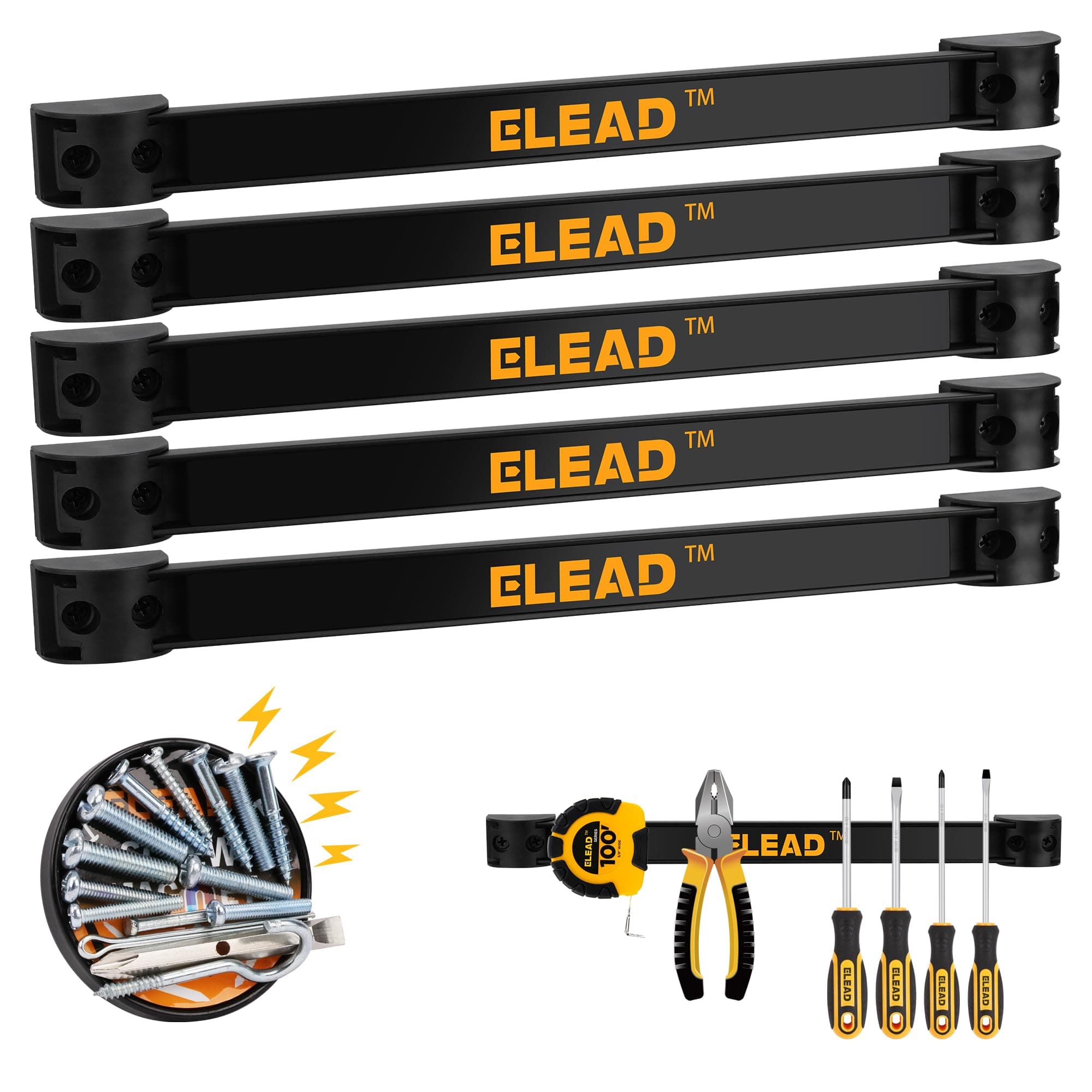 ELEAD 6-Piece 12" Magnetic Tool Holder Storage Organizer - Wall Mount Rack Garage Organization Power Magnet Hanger Workbench Board Slatwall Van Organizers Mounted Hanging Strip Magnetic 6-Piece