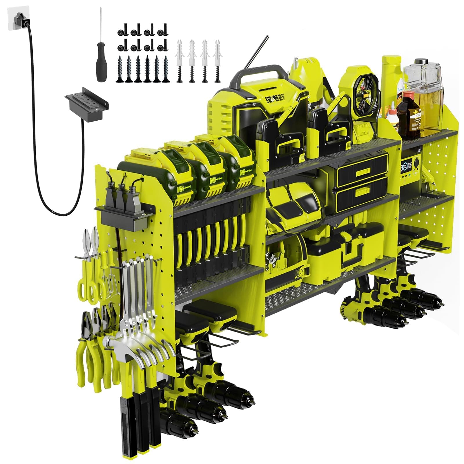 45" Large Power Tool Organizer Wall Mount with Charging Station - 3 Layer Storage Racks with 8 Cordless Drill Holder, 4 Hooks, Heavy Duty Garage Tool Organizer Storage for Workshop Pegboard Basement 4-1 Green