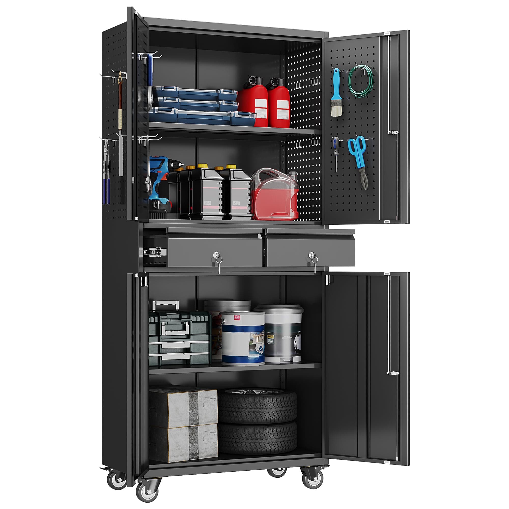 Reemoon Garage Storage Cabinet with Wheels and Doors,71" H Metal Storage Cabinet with Pegboard and 2 Drawers for Garage, Warehouse,Home,Required Assembly,Black Black 15"D x 30.1"W x 71"H