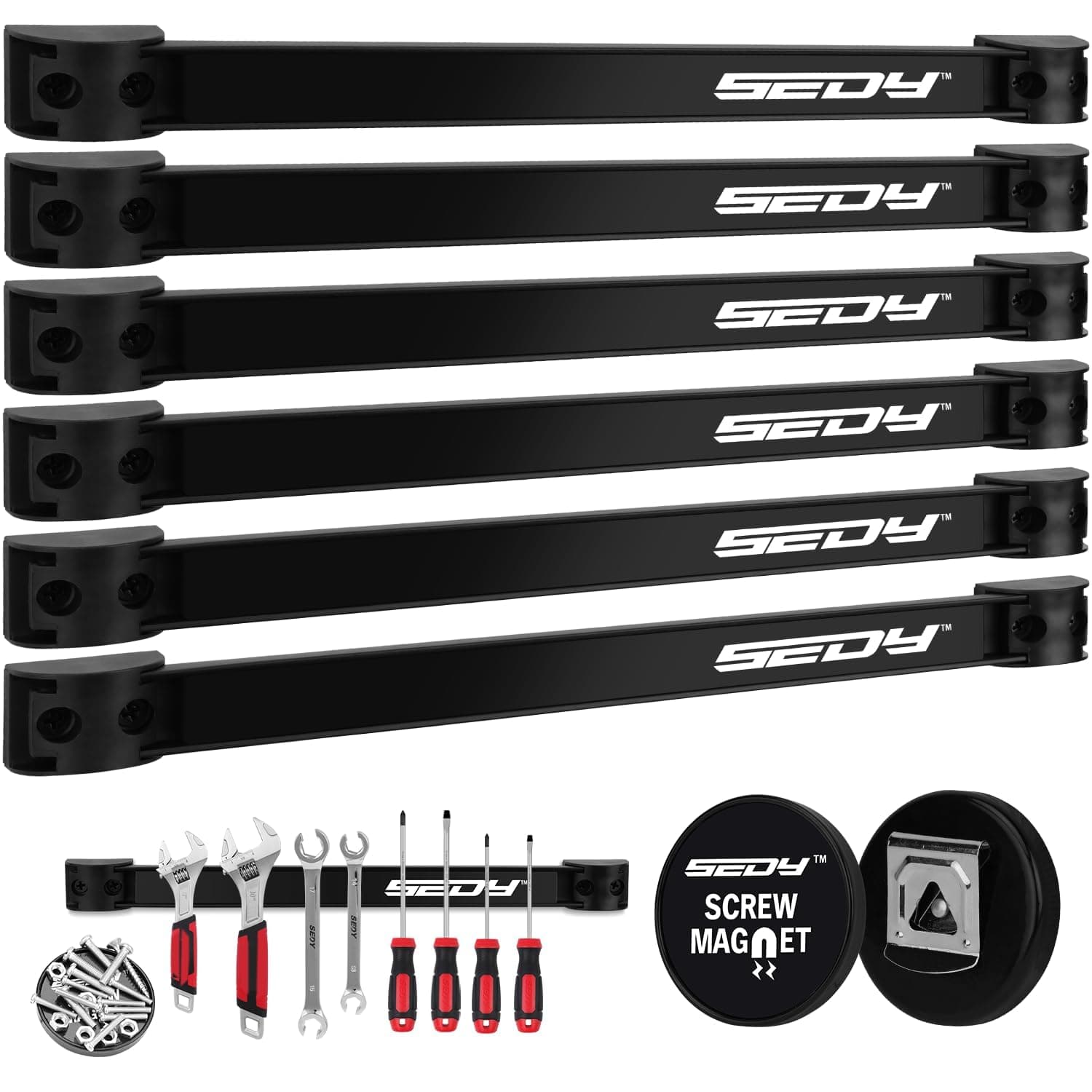 SEDY Magnetic Tool Holder Storage Organizer: 7-Piece Garage Wall Mount Rack Organization Strip Power Magnet Organizers Mounted Workbench Board Slatwall Van Hanger 7 pcs Wall Mount Storage Organizer