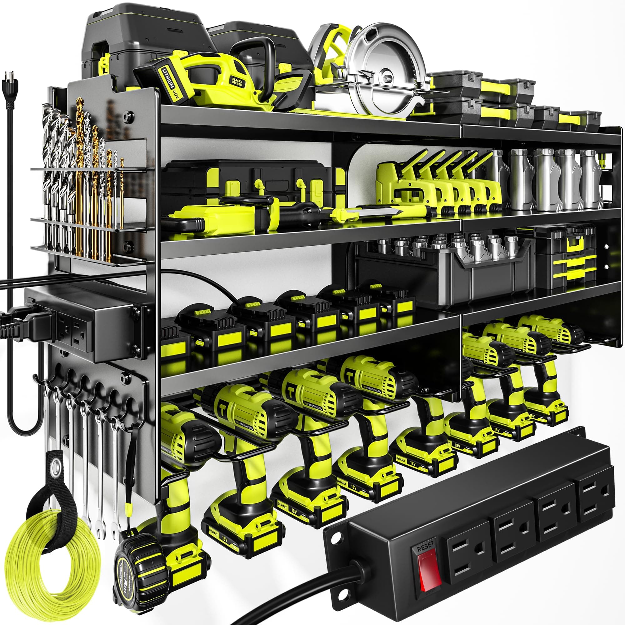 POKIPO Large Power Tool Organizer Wall Mount with Charging Station,4 Layer Heavy Duty Metal Tool Storage Rack Loads 600lbs with 8 Cordless Drill Holder,Battery Utility Rack Loads with 4 Power Strip Black Large with Power Station