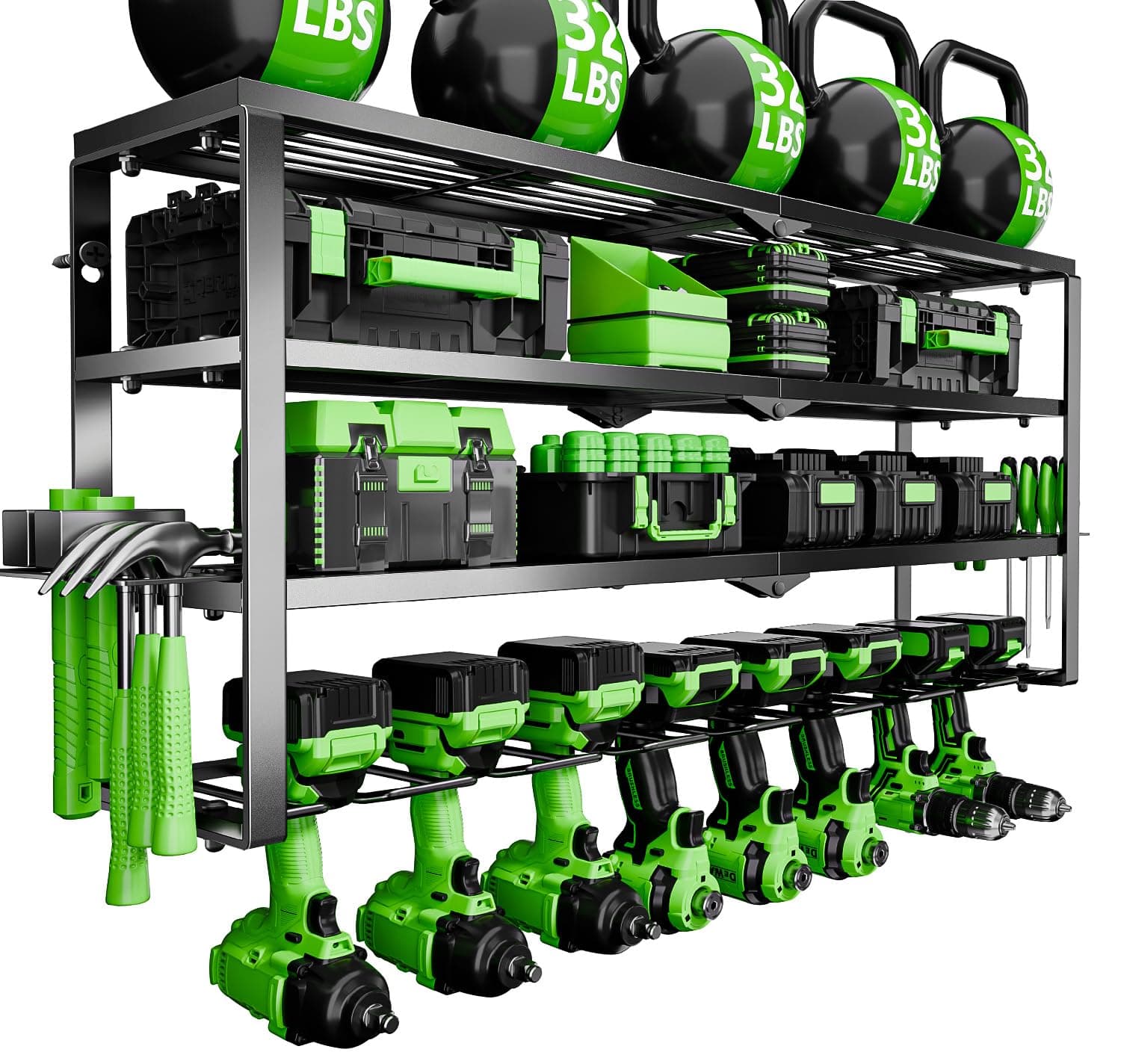 Power Tool Organizer Wall Mount, 4 Layers Tool Storage Rack with 8 Cordless Drill Holders, Power Tool Shelf Loads 400lbs for Garage, Warehouse, Workshop, Gifts for Men, Husband Green
