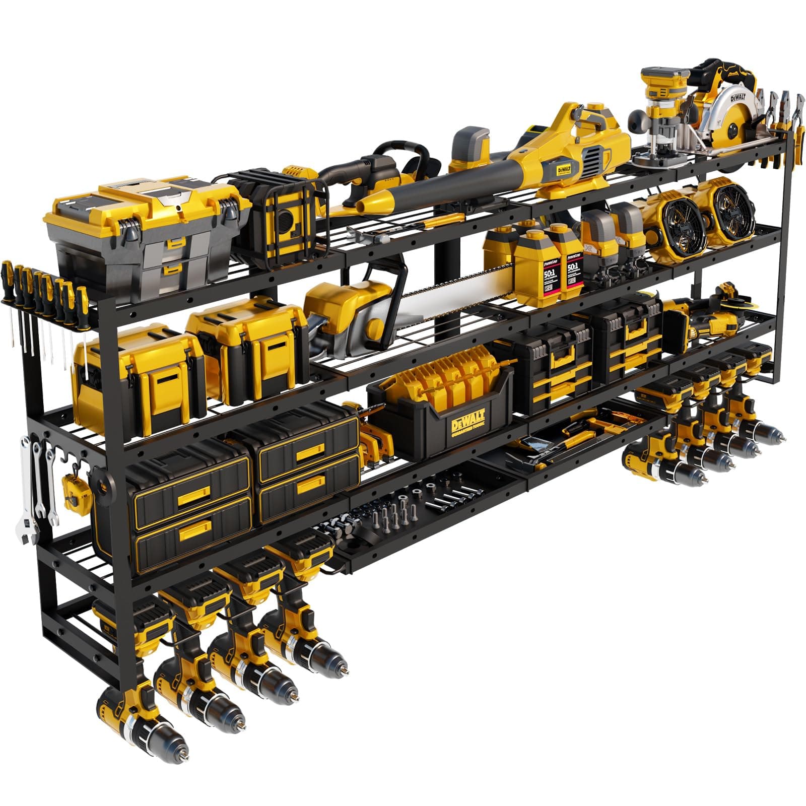 STURDIFLOW XLarge 64''W Power Tool Organizer Wall Mount | Modular&Corner-Fit 820lbs Garage Storage Rack with 8 Cordless Drill Holder | 4-Tier Heavy Duty Utility Shelf for Battery Workshop Organization Hank | 64''Wide, 8-Drill