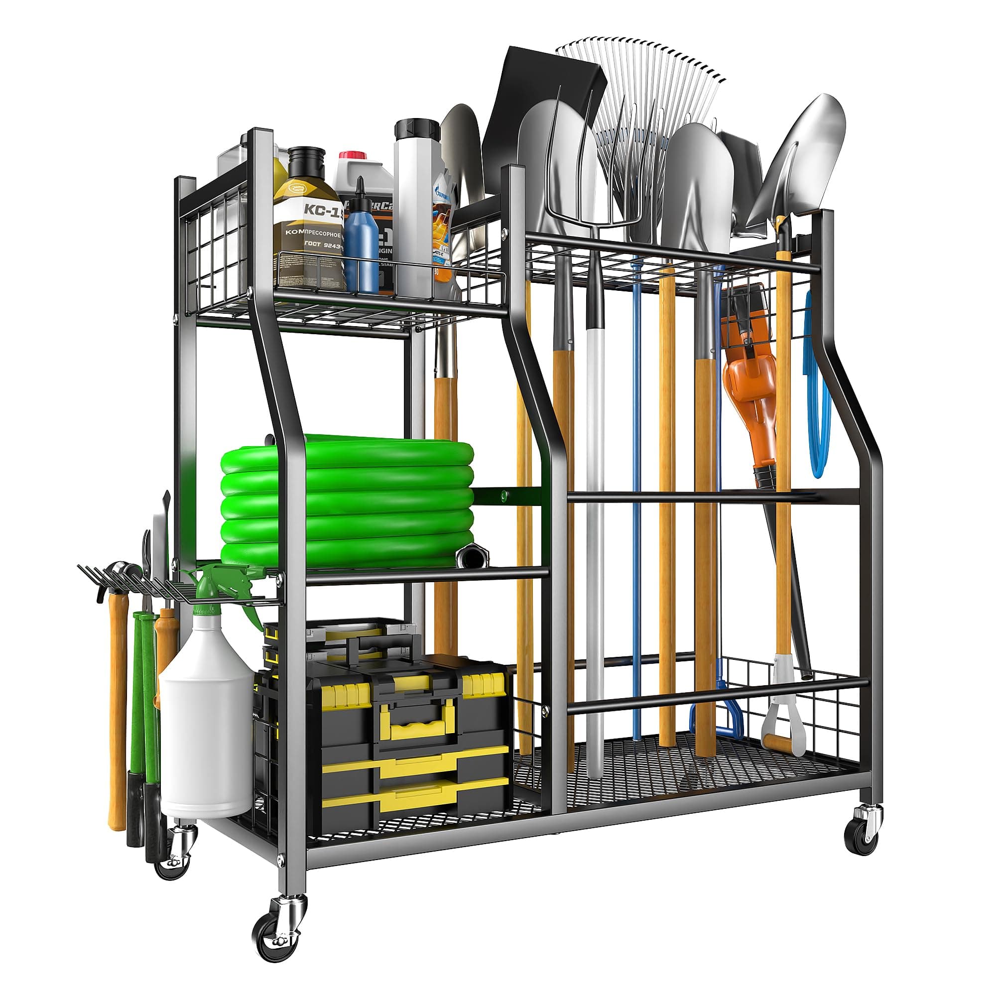 EVERHANGER Garden Tool Organizer Stand, Garage Tool Storage Organization, Yard Tool Racks with lockable wheels, Fit for Long-Handled Tools/Rakes/Brooms Large