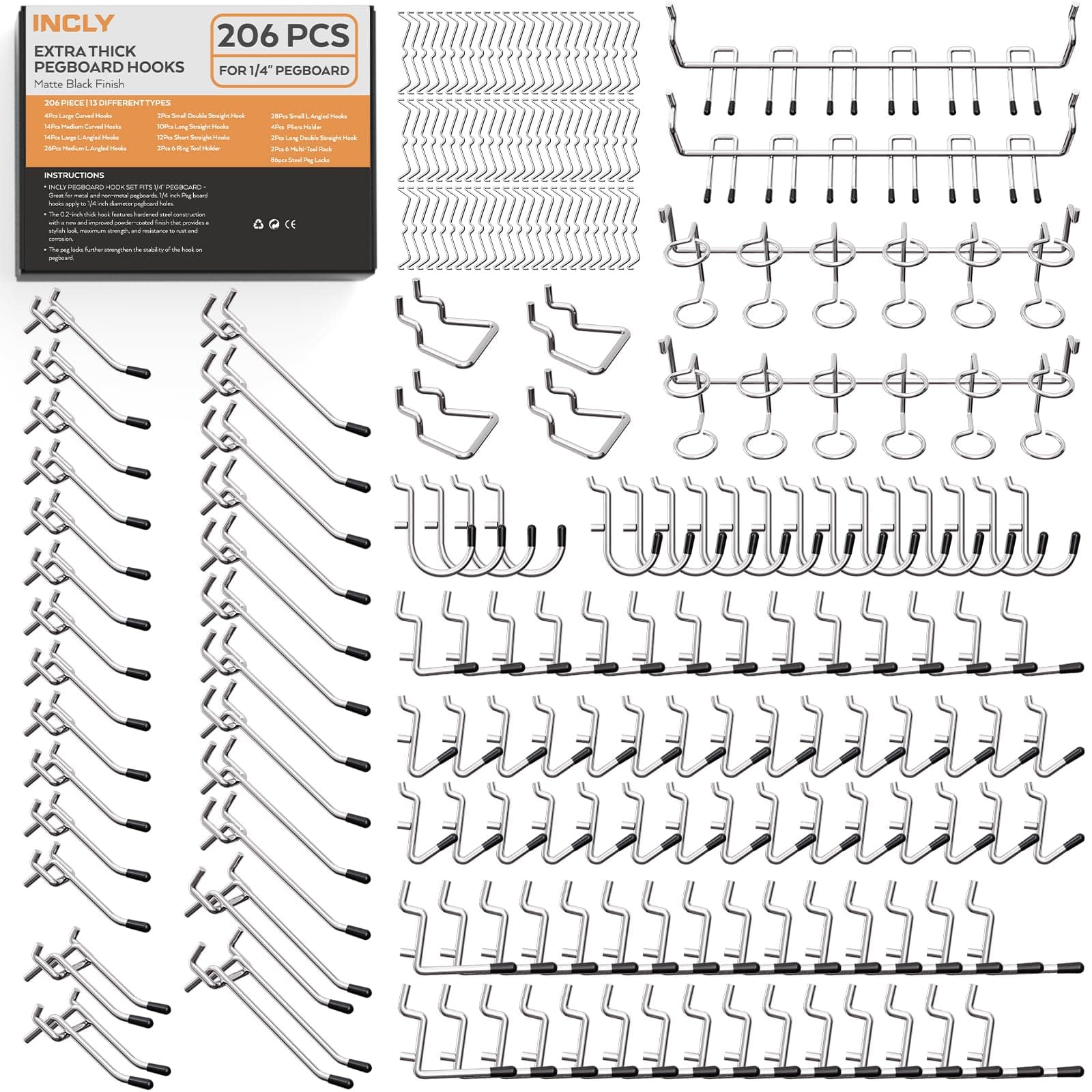 INCLY 1/4" Pegboard Hooks Set for Hanging, 206PCS Heavy Duty Peg Board Hooks & Hangers Only Fit 1/4 Inch Pegboard for Tools Crafts Assortment Garage Organizer Attachment Peg Board Accessories