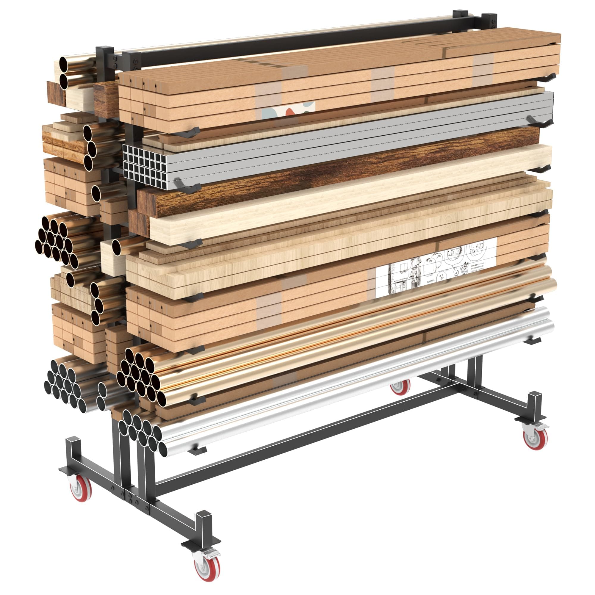 Lumber Storage Rack, 2000lbs Heavy Duty Freestanding Pipe Rack with 7 Tiers, Double-Sided Wood Storage Shelves with 4 Silent Casters, for Garage Workshop Basement, 59.84"L x 35.43"W x 65.74"H, Black With Wheel Black