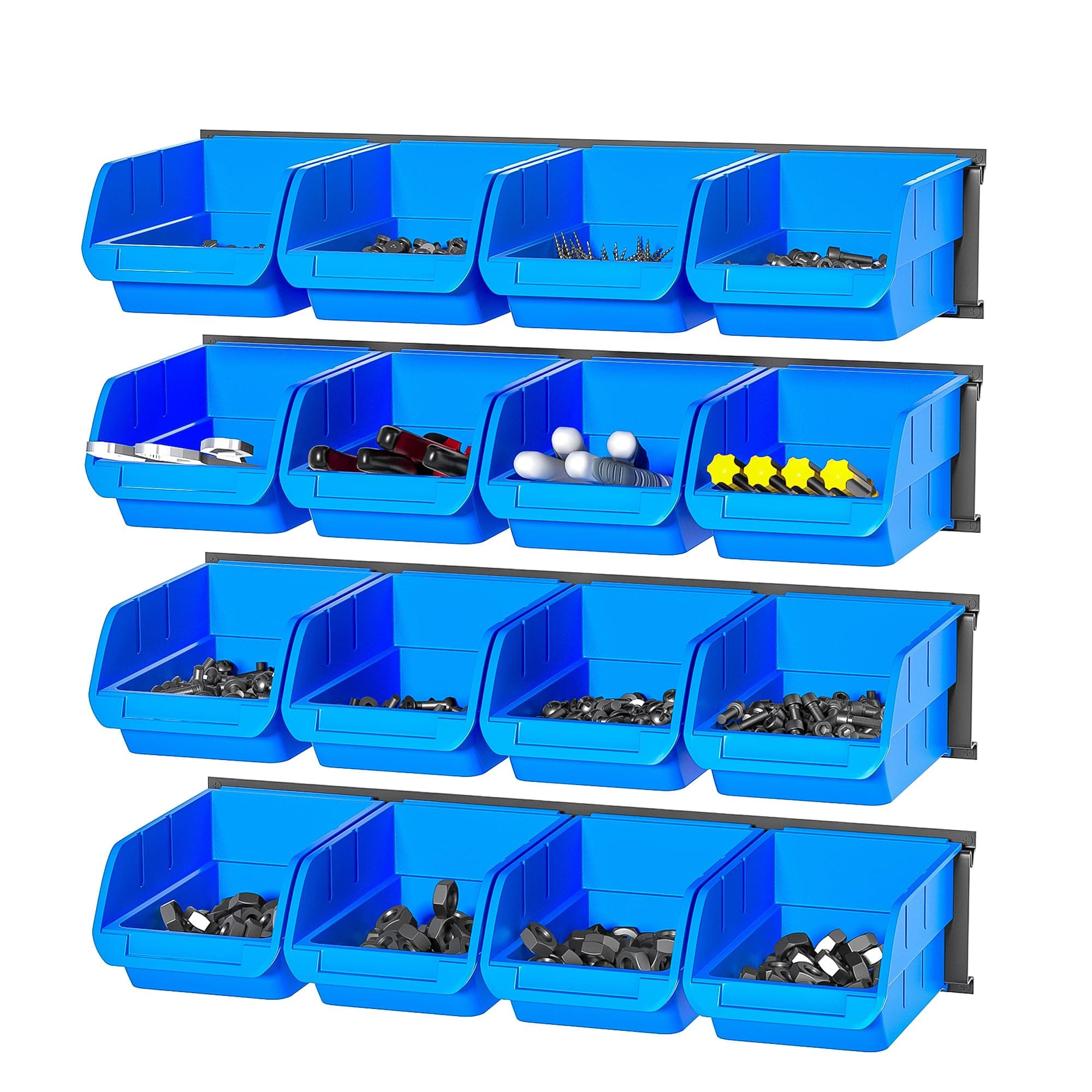 Ultrawall Wall Mounted Storage Bins, Plastic Hanging Storage Organizer Bins, Garage Tool Storage System for Screws, Nuts, Bolts, Nails, and Small Hardware Parts, 16x bins & 4 x rails, Blue