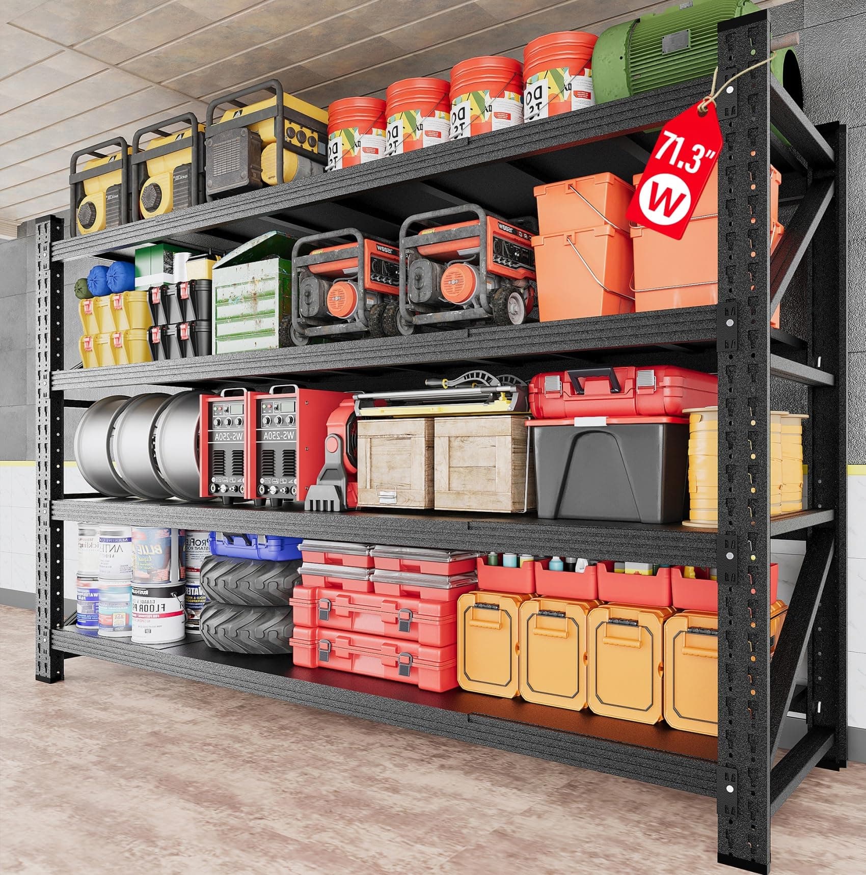 71.3" Wide Heavy Duty Garage Shelving Units,5000LBS Deep Storage Shelves,Black Metal Garage Shelves,Steel Shelf,Large Storage Rack,Industrial Shelving for Shop,Warehouse,Basement,71.3"W x 24"D x 70"H 71.3"Wx24"Dx70"H