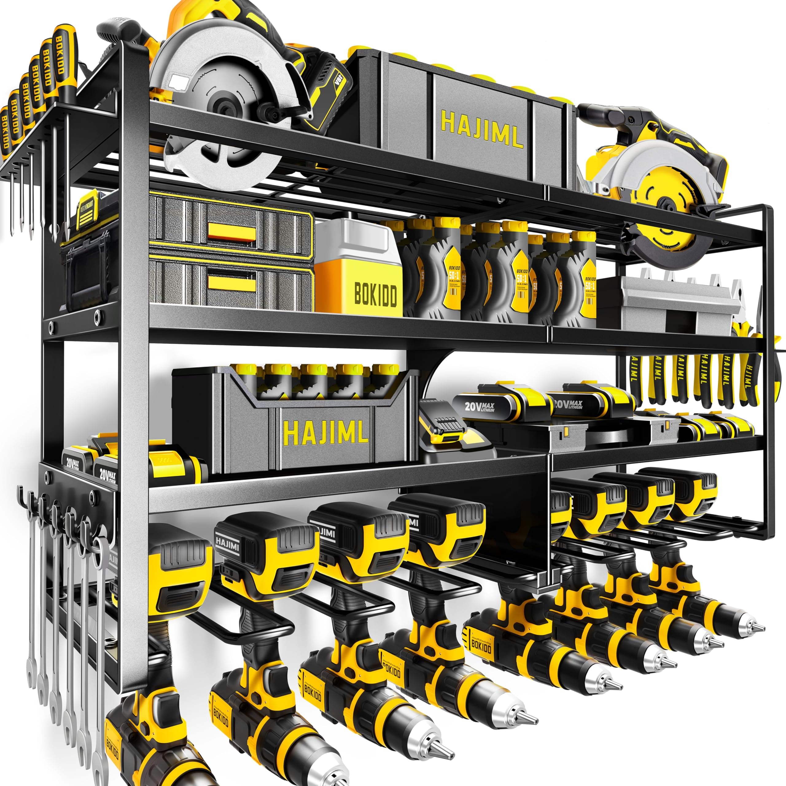 Kodreat Power Tool Organizer Wall Mount,4 Layers Heavy Duty Storage Rack with 8 Drill Holder, Easy Installation, Tool Organizer Wall Mount for Garage Workshop and Home Organization. black 4shelves 8slots