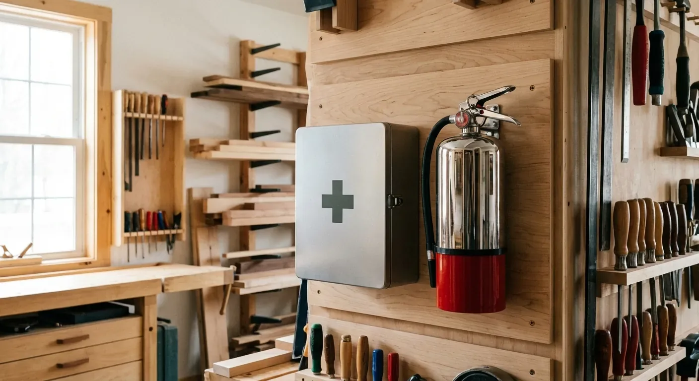 A close-up of a well-maintained first aid kit and fire extinguisher mounted on a shop wall.