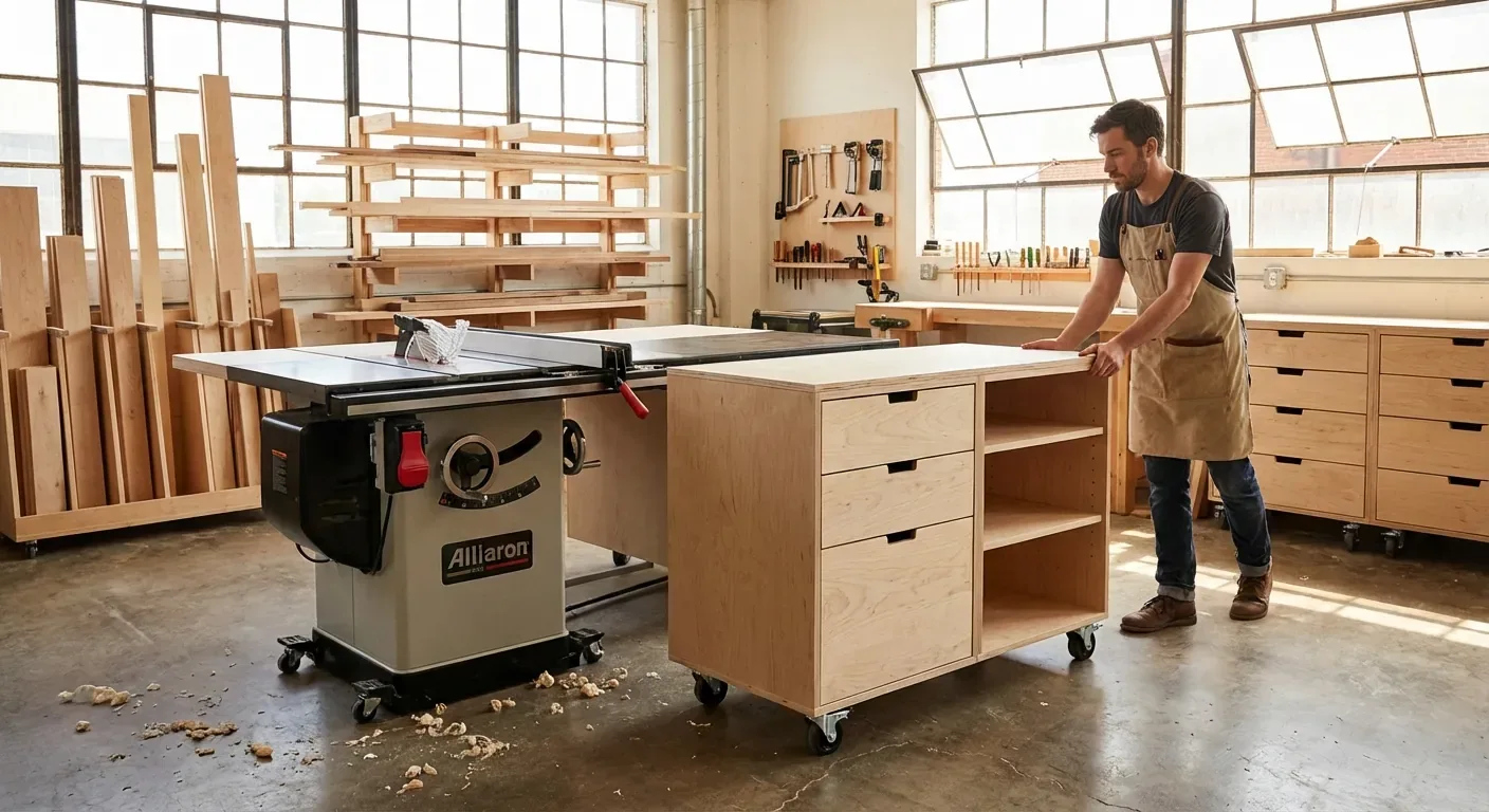 A woodworker rolling a modular cabinet into position next to a table saw