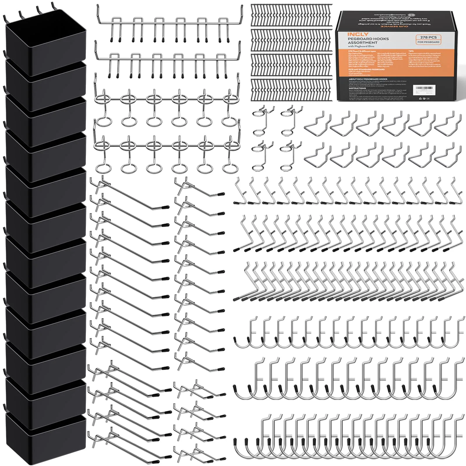 INCLY 278PCS Pegboard Accessories Organizer Kit, Peg Board Hooks Assortment with Bins for Organizing Various Tools, Fit 1/8 or 1/4 inch Pegboard for Hanging Storage, Garage Wall Attachments 278 PCS