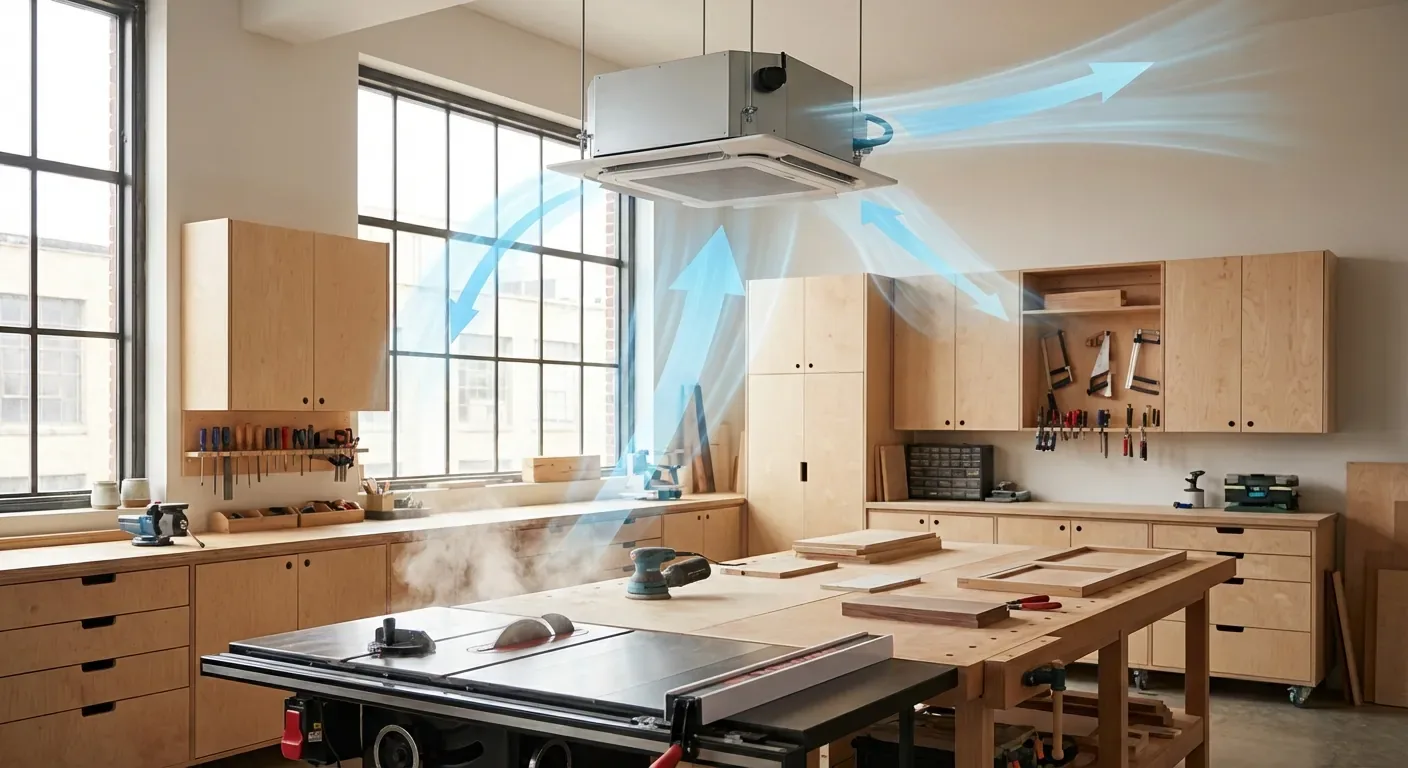 Diagram showing airflow in a workshop with a ceiling-mounted filtration unit