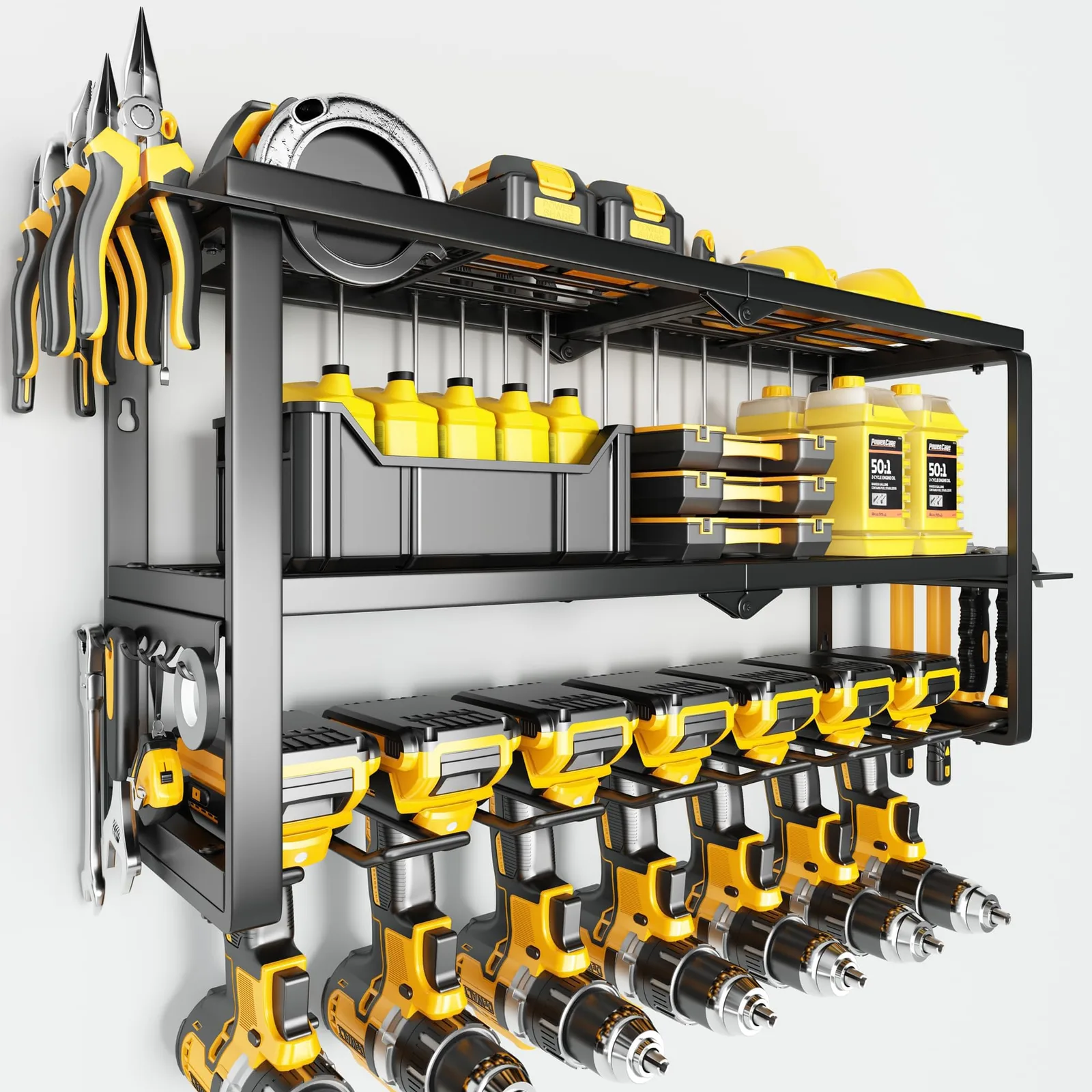 Power Tool Organizer Wall Mount - 300Lbs Load 3 Layers Storage Rack with 7 Drill Holders for Drills Cordless Tools. Heavy Duty Iron Garage Tool Organizer Storage for Workshop Shed Pegboard Basement 7 Slots 3 Layers