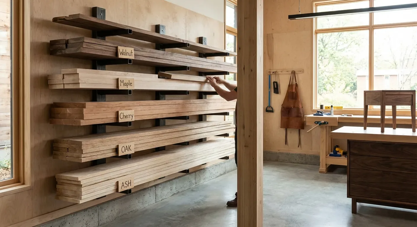 A well-organized workshop featuring a wall-mounted lumber rack with various species of wood labeled and stacked neatly.