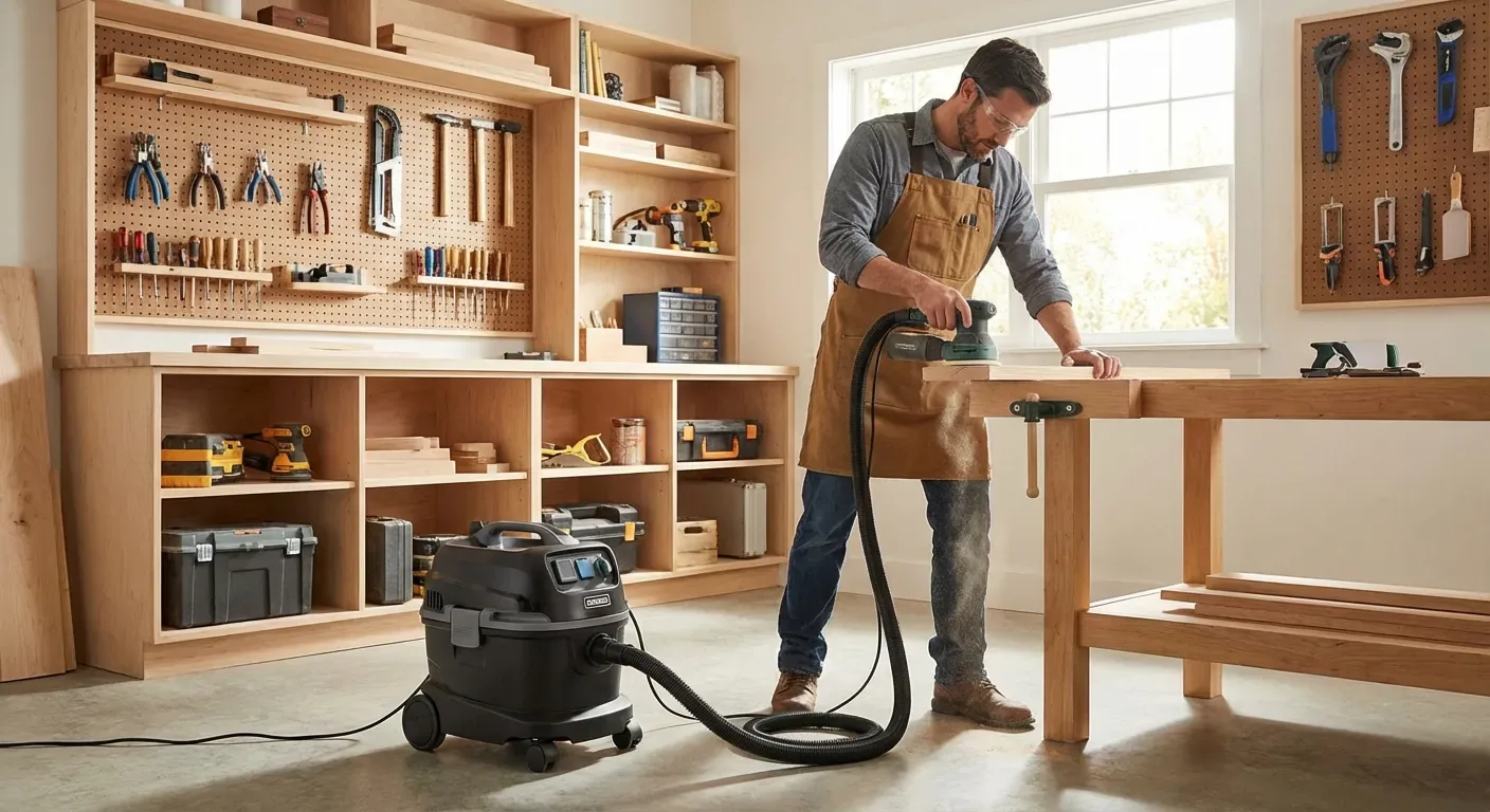 woodworker using a shop vac with a sander