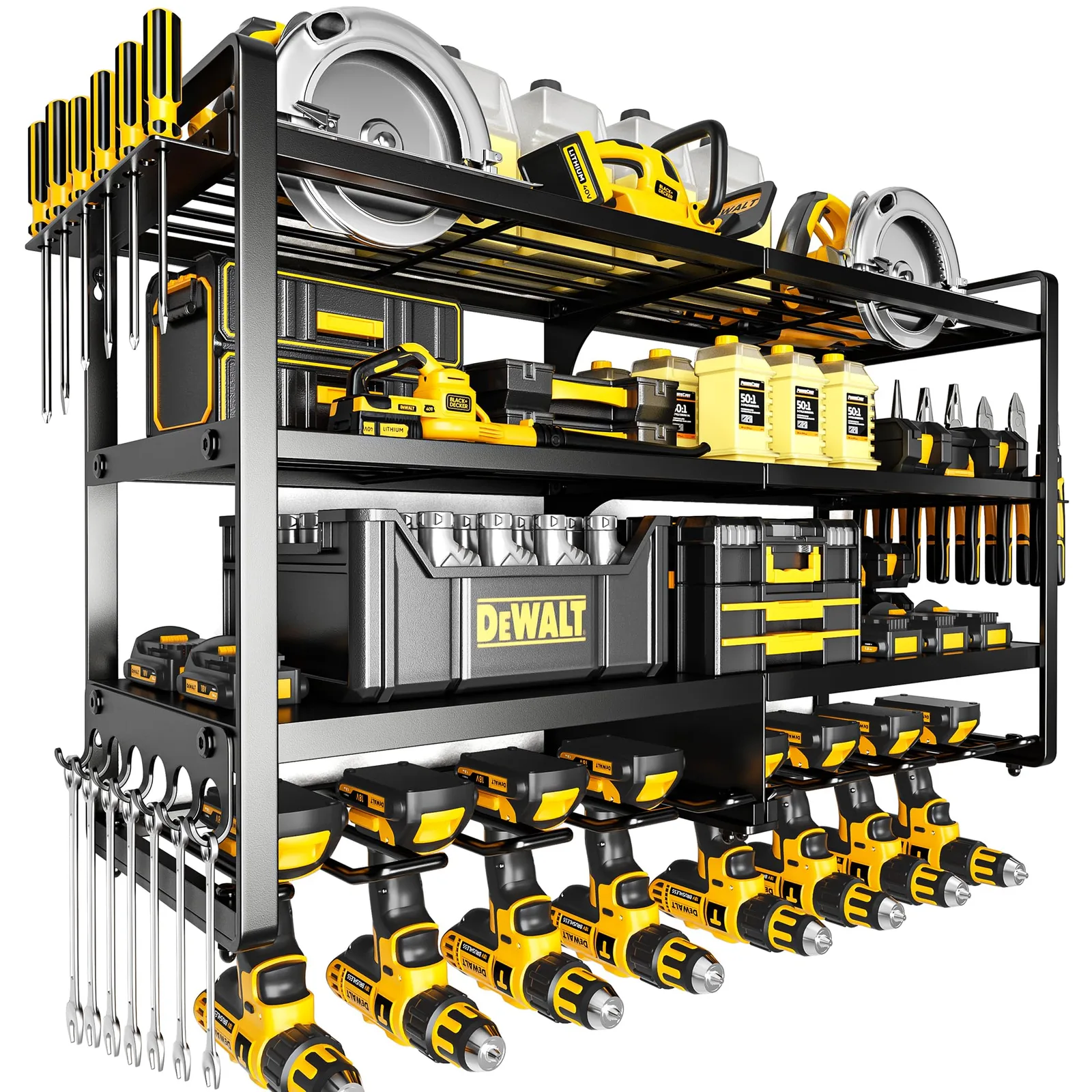 POKIPO Large Power Tool Organizer Wall Mount,4 Layers Heavy Duty Metal Loads 400lbs,Power Tool Shelf Battery Storage with 8 Cordless Drill Holder,Utility Racks for Garage Workshop Black