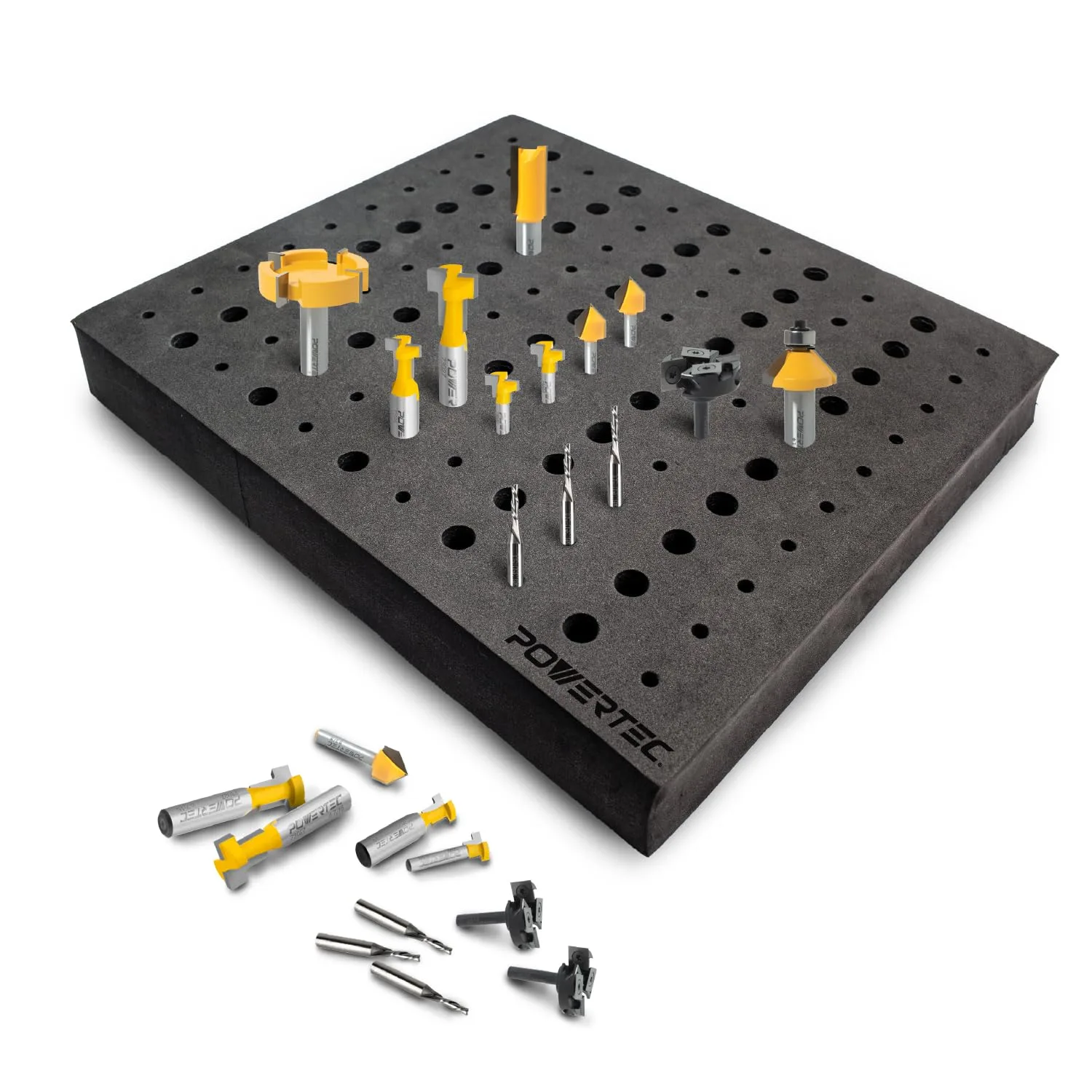 POWERTEC Router Bit Storage Inserts for 110 Bits, 50PCS 1/2" and 60PCS 1/4" Shank Router Bits, Routers Bit Holder, Bits Organizer with High Density Foam, Fits Toolbox, Drawer, Workstation (71046) Router bit tray, 110 Holes Router Bit Storage