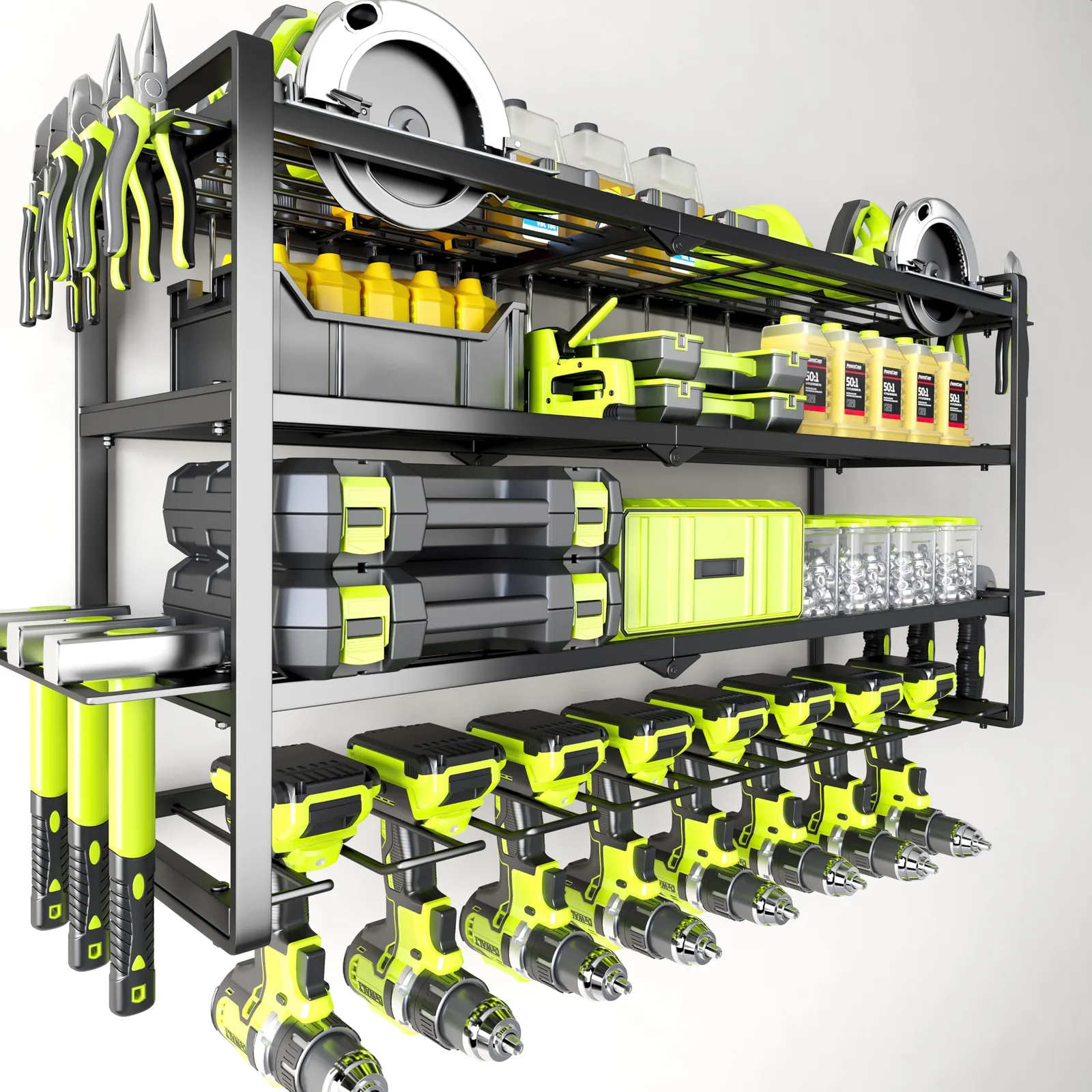 Large Power Tool Organizer Wall Mount, Garage Storage Cordless Tool Organizer with Screwdriver Holder, Heavy Duty Metal Storage Rack with 8 Drill Holder 4 Layer, Gifts for Men Who Have Everything black