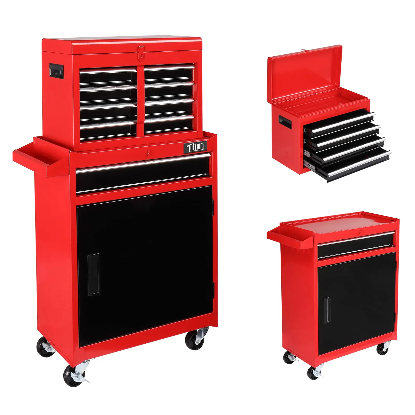 TUFFIOM 5-Drawer Rolling Tool Chest, Tool Storage Cabinet w/Drawers, Lockable Wheels, Detachable Top & Adjustable Shelf, Mechanic Tool Organizer Box for Garage, Workshop, Warehouse & Repair Shop Black&red 5-Drawer