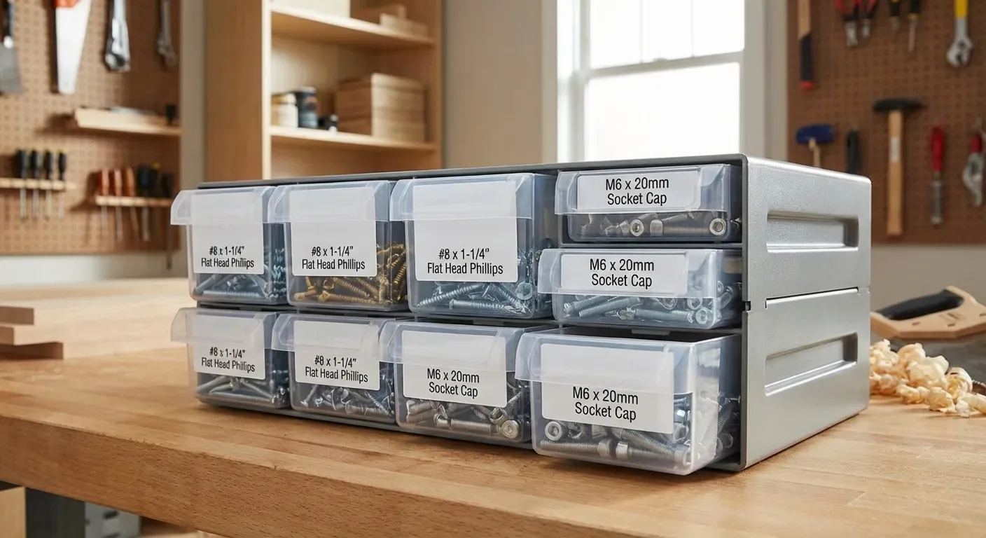 A close-up of organized small parts bins with detailed printed labels showing screw sizes and types
