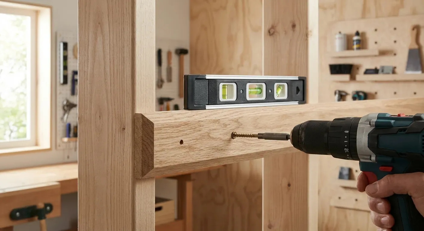 A close-up of a 45-degree beveled cleat being screwed into a wall stud with a level resting on top.