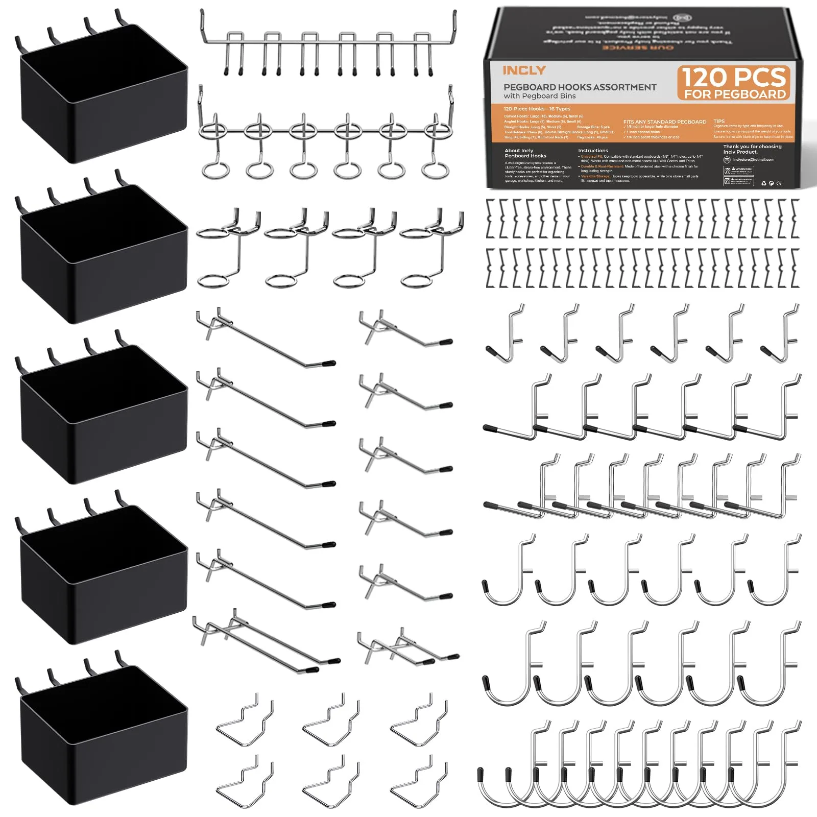 INCLY 120PCS Pegboard Accessories Organizer Kit, Peg Board Hooks Assortment with Bins for Organizing Various Tools, Fit 1/8 or 1/4 inch Pegboard for Hanging Storage, Garage Wall Attachments 120 PCS