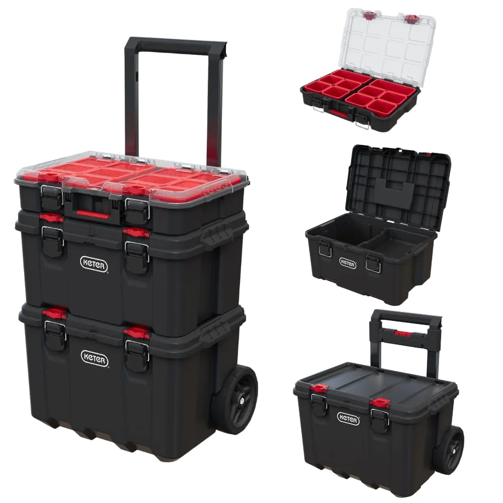 Keter Stack-n-Roll Modular Tools Organizer for Garage Storage and DIY, 3 Piece Resin Rolling Tool Box System for Small Parts, Black 3PC System