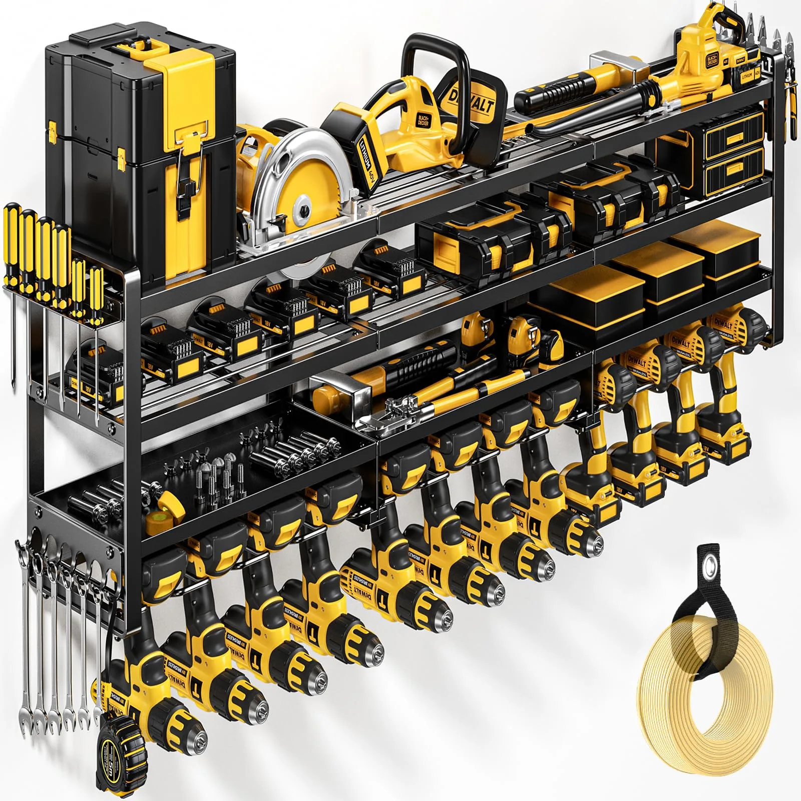 POKIPO 49" W Large Power Tool Organizer Wall Mount, 4 Layer Heavy Duty Loads 800 lbs, Tool Rack Holds 12 Cordless Drills, Large Capacity Battery Holder for Garage Storage, Christmas Gift for Men 49" Width