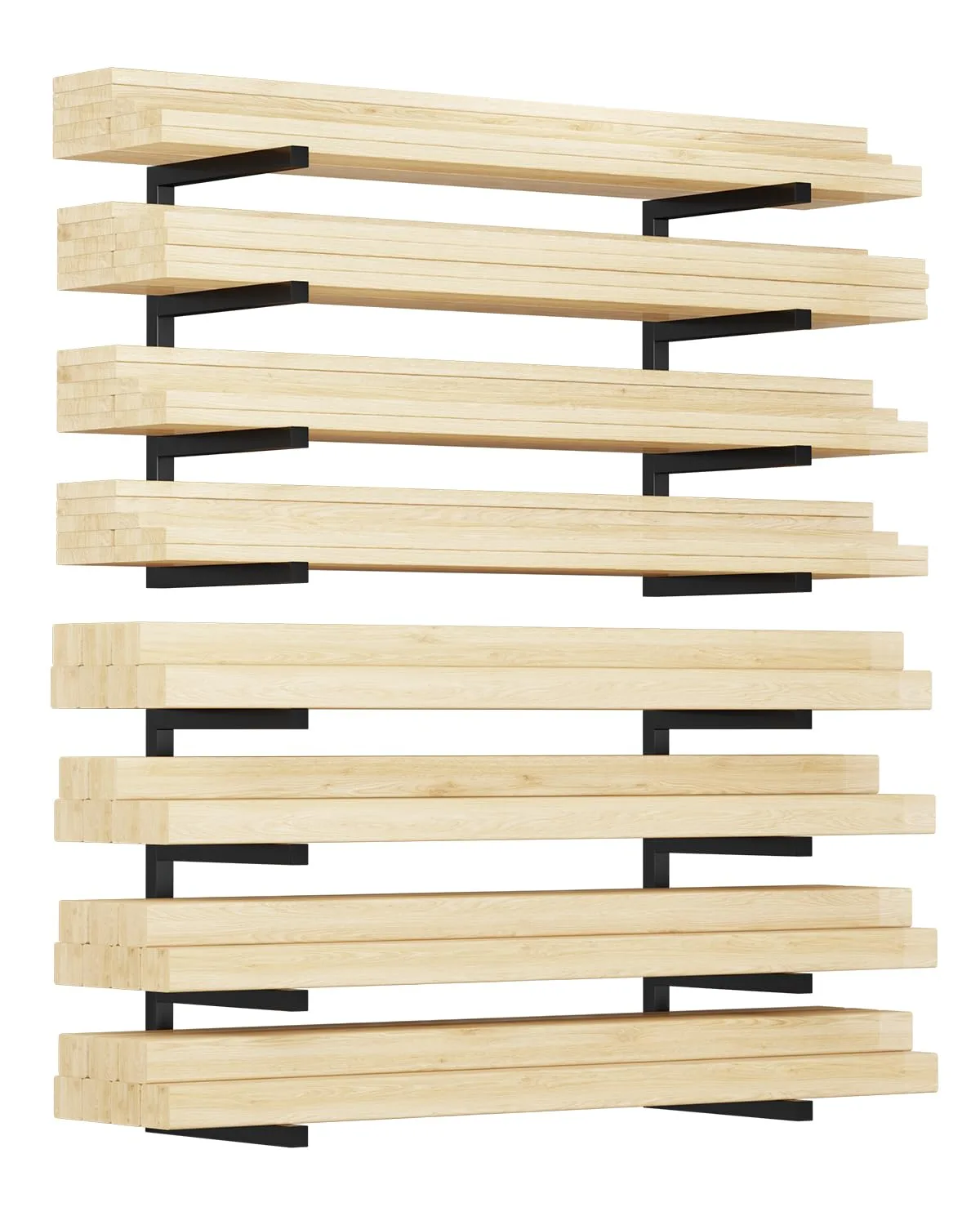 Lumber Storage Rack, Set of 4, Wall Mount, Heavy Duty Steel 4-Tier Wood Organizer Storage Shelves, 1600LBS Capacity, for Shed, Workshop, Garage, Black Black 4 Pack