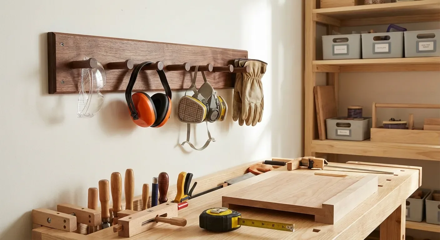 A clean, well-organized woodworking shop with safety gear clearly visible on a wall rack.